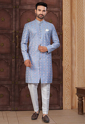Embroidered Art Silk Sherwani in Blue