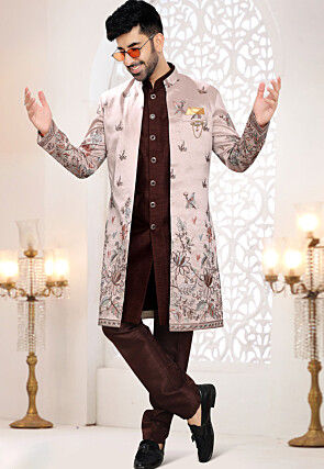 Embroidered Art Silk Sherwani in Brown