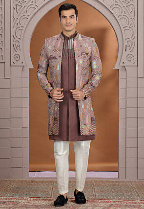 Embroidered Art Silk Sherwani in Brown