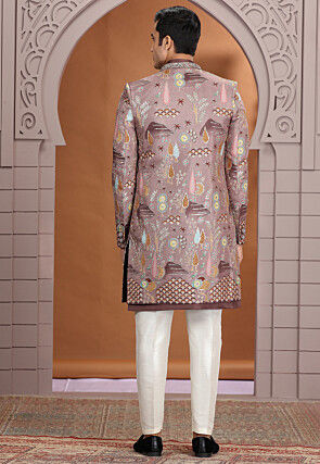 Embroidered Art Silk Sherwani in Brown