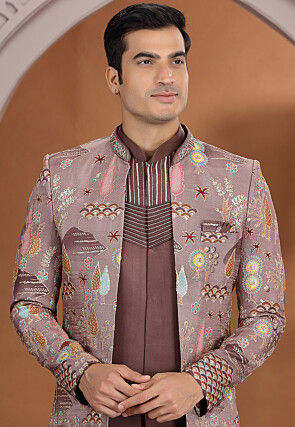 Embroidered Art Silk Sherwani in Brown