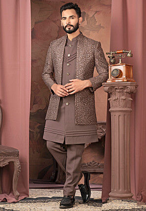 Embroidered Art Silk Sherwani in Brown