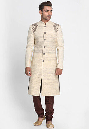Embroidered Art Silk Sherwani in Cream