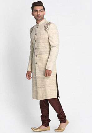 Embroidered Art Silk Sherwani in Cream
