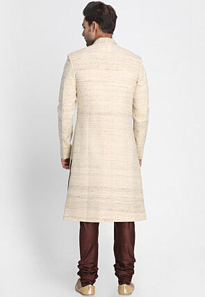 Embroidered Art Silk Sherwani in Cream