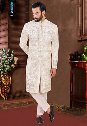 Embroidered Art Silk Sherwani in Cream