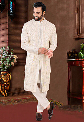 Embroidered Art Silk Sherwani in Cream