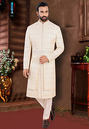 Embroidered Art Silk Sherwani in Cream