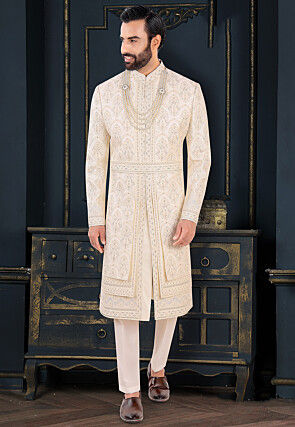 Embroidered Art Silk Sherwani in Cream