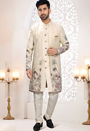 Embroidered Art Silk Sherwani in Cream