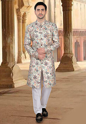 Embroidered Art Silk Sherwani in Cream
