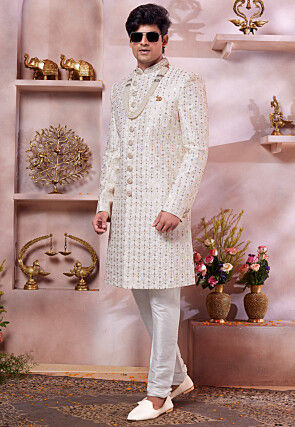 Embroidered Art Silk Sherwani in Cream