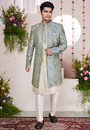 Embroidered Art Silk Sherwani in Cream