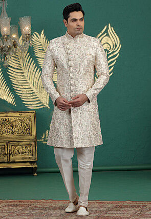 Embroidered Art Silk Sherwani in Cream