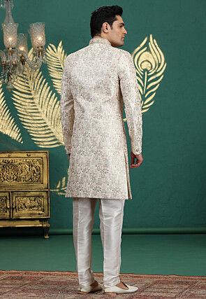 Embroidered Art Silk Sherwani in Cream