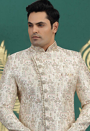 Embroidered Art Silk Sherwani in Cream