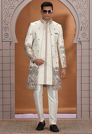 Embroidered Art Silk Sherwani in Cream