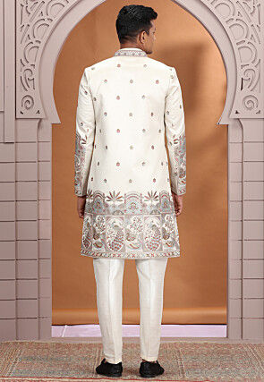 Embroidered Art Silk Sherwani in Cream