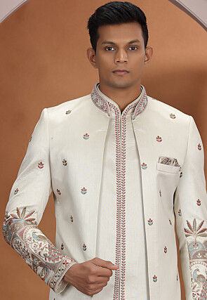 Embroidered Art Silk Sherwani in Cream