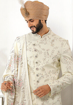 Embroidered Art Silk Sherwani in Cream