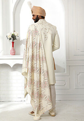 Embroidered Art Silk Sherwani in Cream