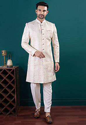 Embroidered Art Silk Sherwani in Cream