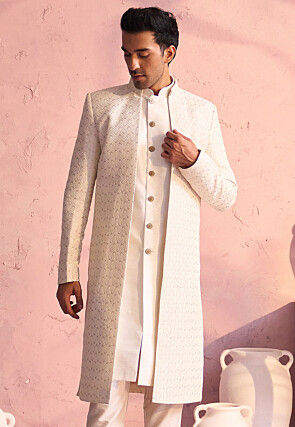 Embroidered Art Silk Sherwani in Cream