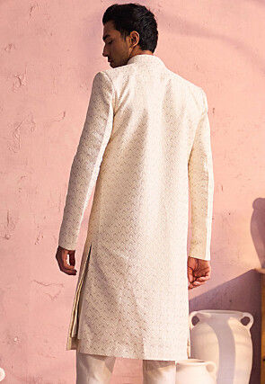 Embroidered Art Silk Sherwani in Cream