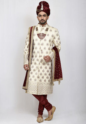 Buy Embroidered Art Silk Sherwani in Cream Online MTX1662 Utsav Fashion