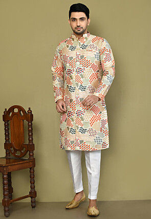 Embroidered Art Silk Sherwani in Cream