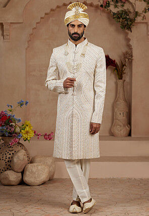 Embroidered Art Silk Sherwani in Cream