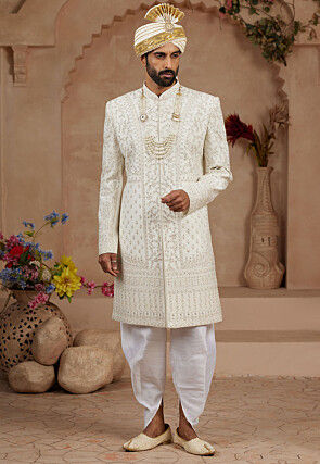 Embroidered Art Silk Sherwani in Cream