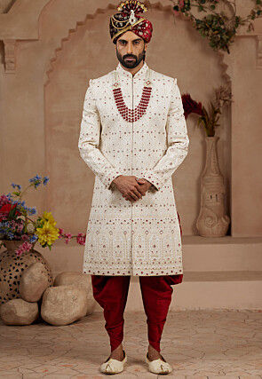 Embroidered Art Silk Sherwani in Cream