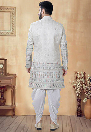 Embroidered Art Silk Sherwani in Cream