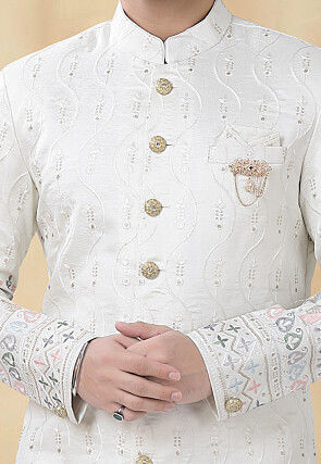 Embroidered Art Silk Sherwani in Cream