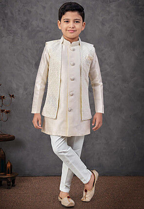 Embroidered Art Silk Sherwani in Cream