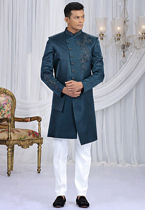 Embroidered Art Silk Sherwani in Dak Teal Blue