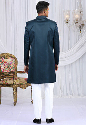 Embroidered Art Silk Sherwani in Dak Teal Blue