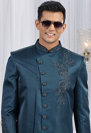 Embroidered Art Silk Sherwani in Dak Teal Blue
