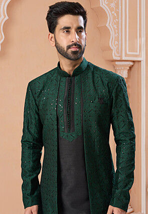 Embroidered Art Silk Sherwani in Dark Green and Black