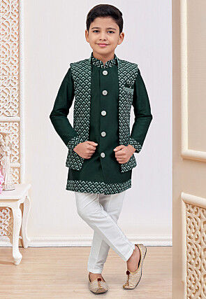 Embroidered Art Silk Sherwani in Dark Green