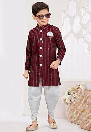 Embroidered Art Silk Sherwani in Dark Maroon