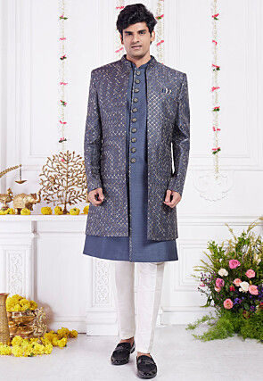 Embroidered Art Silk Sherwani in Dusty Blue