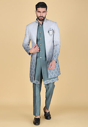 Embroidered Art Silk Sherwani in Dusty Green and Dusty Blue