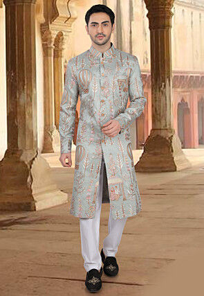 Embroidered Art Silk Sherwani in Dusty Green