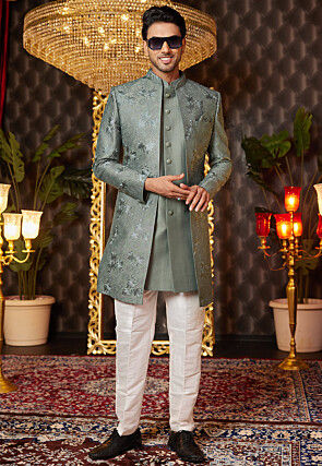 Embroidered Art Silk Sherwani in Dusty Green