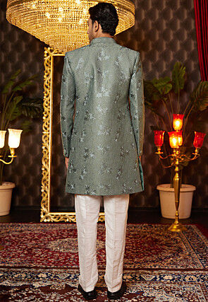 Embroidered Art Silk Sherwani in Dusty Green