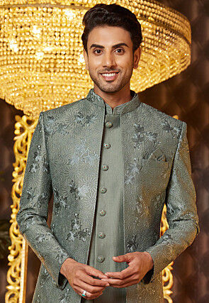 Embroidered Art Silk Sherwani in Dusty Green