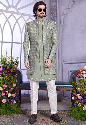 Embroidered Art Silk Sherwani in Dusty Green