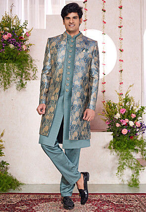 Embroidered Art Silk Sherwani in Dusty Green